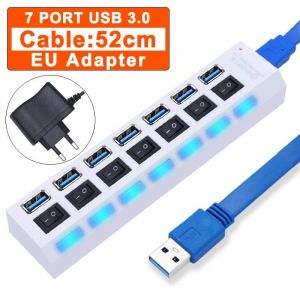 R&eacute;partiteur USB 3.0 avec interrupteur pour PC,adaptateur d'alimentation,extenseur multiple,hub 2.0,USB 3,USB 4/7,2.0 ports 3.0USB 7port with EU - Neuf