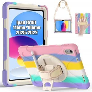 Coque Antichoc pour iPad 11&egrave;me 2025 (A16)/10&egrave;me G&eacute;n 2022, (11/10.9 Pouces), &Eacute;tui Robuste avec Support Rotatif &agrave; 360&deg;, Dragonne et Bandouli&egrave;re, Porte-Stylet, Coque pour iPad 11&egrave;me, Rose Color&eacute; - Neuf