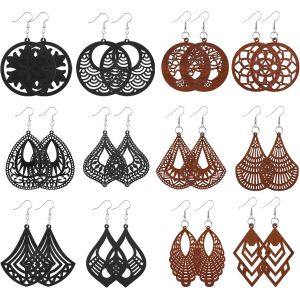 12 Paires Boucles D'oreilles Femme Pendantes Africaines En Bois Boucle D'oreille Pendante L&eacute;g&egrave;res En Forme De Larme Bijoux Boucles D'oreilles En Bois Naturel Femme Filles[X1039] - Neuf