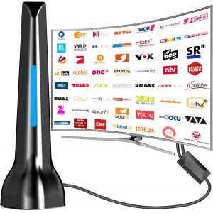 MEVRONISSHOP-Antenne DVBT2 - Antenne d'int&eacute;rieur DVB-T et DVB-T2 avec amplificateur, grande port&eacute;e et r&eacute;ception &agrave; 360&deg; - Antenne d'int&eacute;rieur pour t&eacute;l&eacute;viseur avec base magn&eacute;tique puissante - Convient - Neuf