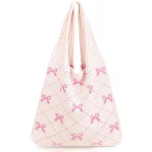 nzqaf-Clean Girl Aesthetic Sac rose avec n?ud rose - Sac léger en tricot pour la plage et le quotidien - Sac mignon avec capacité de 35 x 33 cm - Pliable pour les voyages et le shopping - Neuf