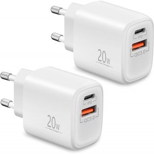 Chargeur Rapide USB C (Pack de 2),Adaptateur Secteur 20W avec USB C,Embout Prise Double Port avec PD / QC3.0,pour iPhone 16/15/14/13/12/11/Pro Max/16e,Samsung S24/S23,Google Pixel 9 - Neuf