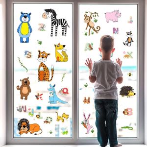 ERYI-®- [61 Pièces] Stickers Fenêtre Enfant Animaux + Lettres Réutilisable I Stickers Vitres Décoratifs Animaux Jungle Léopard Zèbre I Autocollant Fenêtre Chambre Garçon Bébé Enfant Déco - Neuf