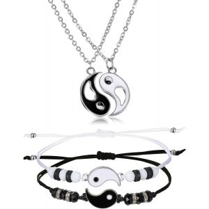 Trahoo-4 Pcs Ensemble De Bracelets Collier Pour Couple Bracelet Yin Yang Bracelet À Cordon Réglable Chaîne De Collier Avec Pendentif Yin Yang Collier D'amitié Assortis Pour Bff Copain Petite Amie - Neuf