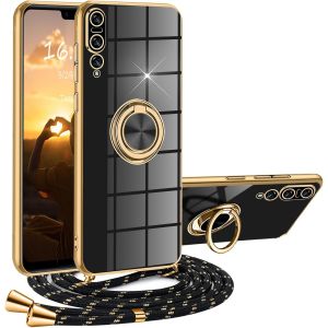 Kalanka-Coque Huawei P20 Pro Avec Cordon,Coque Huawei P20 Pro Avec Collier Silicone Housse 360° Voiture De Bague Magnétique Antichoc Étui Lanyard Case Téléphone Portable Protection Cover Avec Support - Neuf