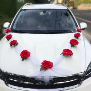 KALANKA-Autoschmuck - Kit de décoration de voiture de mariage - Guirlande florale - En gaze rouge et blanc - Avec 9 roses - 2 x 1,6 m de long - Neuf