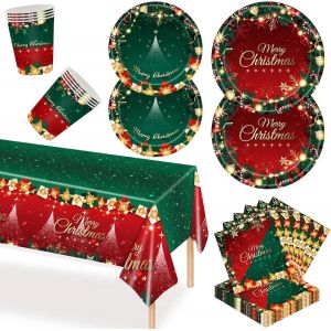 69 Pièces Vaisselle En Papier De Noël, 1 X Nappe De Table,16 X Assiettes À Dîner & 16 X Assiettes À Salade, 16 X 250ml Tasses, 20 X Serviettes, Rouge Et Vert Vaisselle De Fête De Noël - Neuf