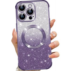 SJZG-Coque Magn&eacute;tique Pour Iphone 14 Pro, Etui &Agrave; Paillettes Compatible Avec Magsafe, Antichoc Charge Sans Fil Housse Pour Iphone 14 Pro, Avec 2 Verre Tremp&eacute;, Pourpre - Neuf