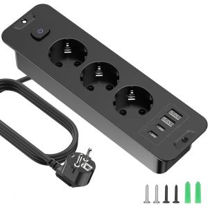 Multiprise avec USB, 3 Compartiments multiprises avec 2USB et 2 Type-C, 7 n 1 Adaptateur de Prise avec 2M de c&acirc;ble d'extension 250V/16A, Plaque Murale Prise pour Bureau, Maison Noir - Neuf