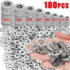180Pcs Rondelle plate en acier inoxydable Rondelles métalliques Anneaux M2 M25 M3 M4 M5 M6 M8 M10 Joint uni pour boulons à vis Kits d'assortiment - Neuf