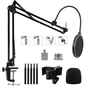 Bras Micro Pied et Support pour Blue Yeti,Yeti Nano,HyperX QuadCast,Elgato Wave,Fifine K658 et Autres Micro,Support de Bureau Réglable avec Vis 3/8"" 5/8"" 1/4"",Filtre Anti-pop,Pince Micro - Neuf