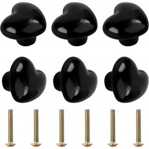 Lot de 6 boutons d'armoire en forme de c?ur,boutons de meubles en céramique,boutons de tiroir,boutons d'armoires avec vis pour armoires,armoires (noir) - Neuf