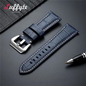 Typi-Bracelet De Montre En Cuir V&eacute;ritable Pour Homme,Bracelet De Montre,Noir,Marron,Bleu,Haute Qualit&eacute;,20mm,22mm,24mm,26mm|Blue-Silver Buckle|20mm - Neuf