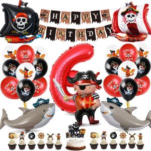 CAUC-Kit D&eacute;coration Anniversaire Pirate 6 Ans, Ballon Num&eacute;ro 6, Banni&egrave;re Happy Birthday, Deco Gar&ccedil;on &agrave; Th&egrave;me - Neuf