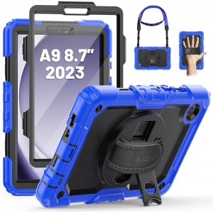 Coque Pour Galaxy Tab A9 8,7 Pouces 2023, Coque Antichoc Pour Galaxy Tab A9 Avec Protecteur D'écran, Support Rotatif À 360°/Dragonne, Bandoulière, Avec Porte-Stylo, Bleu - Neuf