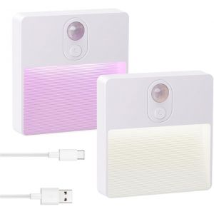 Veilleuse Led Pile, Lot De 2 Veilleuse Avec D&eacute;tecteur De Mouvement, Auto/On/Off, Led Blanc Chaud, Couleur Rvb, Lampe De Placard Adh&eacute;sive Pour Couloir, Escalier, Cuisine, Penderie, Armoire - Neuf