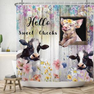 Rideau de Douche drôle 150x180 cm,Aquarelle drôle de bovins laitiers Cochon Fleurs colorées rétro Grain de Bois Lavables Textile Rideau de Bain imperméable pour Ba - Neuf