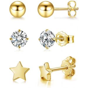 Kal-Lot De 3 Paires De Boucles D'oreilles En Argent 925 - 4 Mm - Hypoallerg&eacute;niques - &Eacute;toile Ronde - Zircon Cubique - Dormir - Avec Bo&icirc;te Cadeau - Neuf