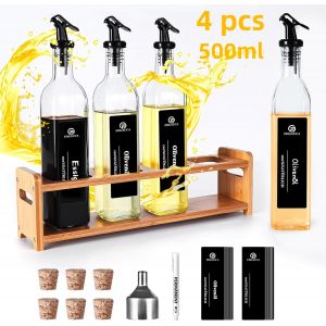 Set De Bouteilles De Vinaigre Et D&#39;Huile (4x500ml) Avec Étagère En Bambou Jaune, Bouteille D&#39;Huile Avec Bec Verseur, Distributeur D&#39;Huile Avec Étiquette Noire - Neuf
