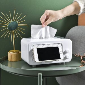Boîte à mouchoirs multifonctionnelle pour salon, support pour téléphone portable, boîte à mouchoirs à ressort - Neuf