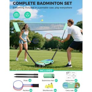 Ensemble De Filet De Badminton Portable ¿ Étui De Rangement ¿ Base Autonome ¿ Installation Rapide ¿ Filet De Badminton Pop-Up Avec 4 Raquettes,4 Volants Pour Jeux D'intérieur Et D'extérieur - Neuf