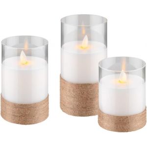 Lot De 3 Bougies Led En Cire Véritable En Verre Enveloppé De Chanvre Blanc Chaud/Flamme Mobile, 10, 12,5 Et 15 Cm De Haut/Transparentes - Neuf