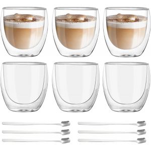 Set De 6 Tasses &Agrave; Caf&eacute; Double Paroi - 80 Ml Tasses &Agrave; Expresso En Verre Avec Cuill&egrave;res - Pour Latte Macchiato, Th&eacute;, Lait - Neuf