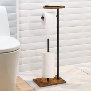 Porte-Papier Toilette sur Pied avec &eacute;tag&egrave;re de Rangement sup&eacute;rieurePorte-Rouleau de Papier Toilette sur PiedSupport de Papier ToiletteDistributeur de Papier ToiletteNoir et Marron - Neuf