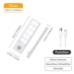 Veilleuse LED sans fil avec détecteur de mouvement,lampe de nuit aste par USB,armoire,lampe de garde-robe,sous-éclairage pour cuisine-Silver 10CM-3color in one Lamp - Neuf