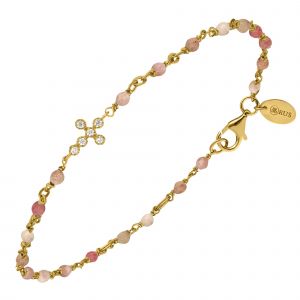 Bracelet Argent Dor&eacute; Croix Zirconium Blanc Et Pierres Quartz Rose Fraise - Neuf