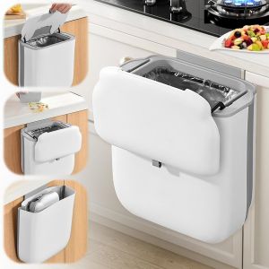 Poubelle Suspendue & Murale avec Couvercle,10L &iquest;&iquest;Poubelles Cuisine Compactante Pliable,Seau&iquest; Compost Anti-Odeurs Petite pour Portes Armoires Sous Evier Camping Salle Bain Bureau Voiture (Blanc) - Neuf