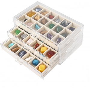 MEVRONISSHOP-Rock Vitrine à 3 tiroirs et 54 compartiments - Boîte de rangement pour bijoux en pierres précieuses fossiles (beige) - Neuf