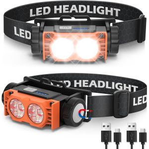 Lampe Frontale 2 Pi&egrave;ces,Lampe Frontale Led Ultra Puissante 2000 Lumens,Torche Frontale 3 Modes Ipx5 &Eacute;tanche Rechargeable Usb,Pour P&ecirc;che,Camping,Cyclisme,Running (Orange) - Neuf