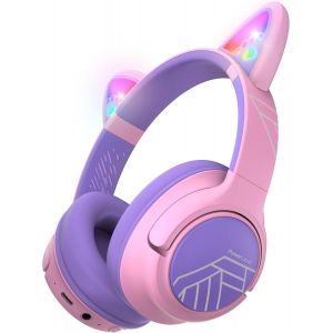 STOREYI-Casque Audio Enfant,Casque Bluetooth Enfant Avec Micro,74/85/94Db Volume Limité,45 Heures,Hi-Fi Stéréo,Casque Pliable Avec Lumières Led Colorées Pour Tablettes,Voyages (Violet/Rose) - Neuf
