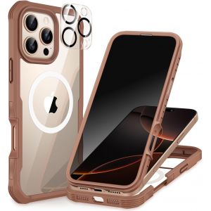 CAUC-Magn&eacute;tique Anti Espion Coque iPhone 16 Pro, Compatible avec MagSafe int&eacute;gr&eacute; Verre Protection &eacute;cran et Protecteur Cam&eacute;ra, Antichoc T&eacute;l&eacute;phone Housse Double Face Etui Int&eacute;grale -Marron D&eacute;sert - Neuf