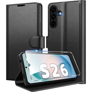 ELVORIX-Coque pour Samsung Galaxy S26 en Premium Cuir PU, Portefeuille Housse Etui pour Cartes Protection Anti-Choc Flip Case avec 1 Verre Tremp&eacute; Noir - Neuf