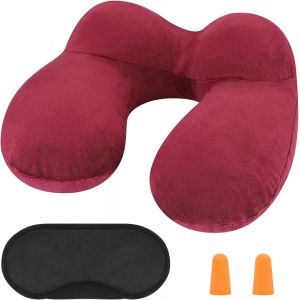 Trahoo-Oreiller De Voyage Gonflable Avec Double Vanne,Coussin De Cou Gonflable De Velours Doux Et Housse Lavable Avec Bouchon D'oreille Et Masque Pour Les Yeux - Neuf