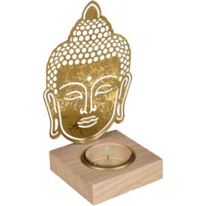 KALANKA-Photophore décoratif Mind of Bouddha - Métal doré avec pied en bois - Décoration de méditation - Neuf