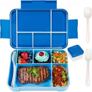 Boîte à lunch pour enfants avec compartiment,boîte à lunch pour enfants de 1330 ml,boîte à goûter étanche avec set de couverts à 6 compartiments,boîte à bento sans BPA (bleue) - Neuf