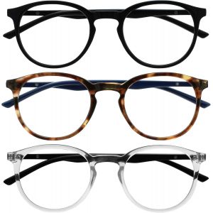 Lunettes De Lecture Anti-Lumière Bleue Pack De 3 Montures Rondes Et Minces Charnières À Ressort Améliore Le Sommeil Jeux Ordinateur Noir Marron Transparente Hommes Femmes Bbb60-12c +2.50 - Neuf
