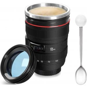 Mevronisshop-Mug Objectif Photo 350ml - Tasse &Agrave; Caf&eacute; En Acier Inoxydable Avec Couvercle Et Cuill&egrave;re, Cadeau Pour Photographe, Design Unique Isotherme, Noir - Neuf