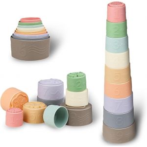 JGD-Silicone Tasses Empilable pour B&eacute;b&eacute;-Lot de 9,Montessori Jouets de Dentition pour 6-12 Mois, Jouet Sensoriels pour Les Tout-Petits 1-3, Cadeaux pour B&eacute;b&eacute; Gar&ccedil;on Fille, Jouets d'Empilage de Gobelet - Neuf