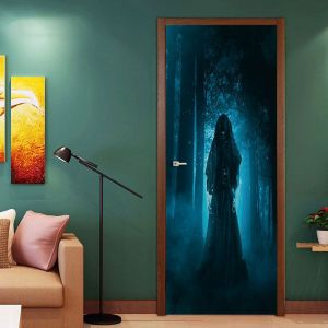 3d Halloween De La Forêt De L'ombre De La Porte Des Autocollants, 30 X 80 Pouces, Réaliste Porte Papier Peint Autocollant, Halloween, Décoration, Décorations De Fête, Stickers Muraux - Neuf
