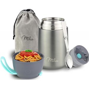 Bo&icirc;tes Alimentaires Isothermes 450ml I 650ml I 800ml, Bo&icirc;te Isotherme Repas Chaud Porte-Aliments En Acier Inoxydable &Agrave; Double Couche, Cuill&egrave;re Pliante Pour Ecole, Bureau (650ml/Gris) - Neuf