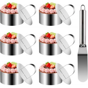 KALANKA-6 Pcs Emporte Piece Rond, 7,5 cm Cercle a Patisserie en Acier Inox, Cercles &agrave; P&acirc;tisserie, Anneau &agrave; G&acirc;teau, Cercles de Pr&eacute;sentation Service pour Mousse Dessert DIY, avec &eacute;l&eacute;vateur, 1 Spatule &agrave; - Neuf