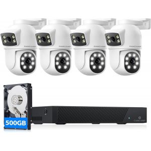 Poe Ptz Dual Lens Video Surveillance Kit, 8Ch Nvr Outdoor Poe Surveillance Camera Kit With 500Gb Hdd And 4X4Mp Poe Ip Cameras, 360° Night Vision Colour, 24/7 Recording, Ip66 - Neuf