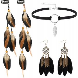Bijoux Tribaux Set,Pièces Cheveux En Plumes Bohème Pour Femmes,Extensions De Cheveux Indienne,Collier Ras Du Cou En Cuir,Boucles D'oreilles Attrape-Rêves Pour Halloween Carnaval Mascarade.[Y1033] - Neuf