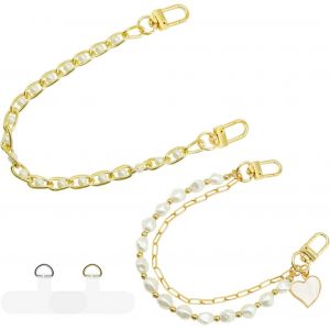 KALCX-Lot De 2 Dragonnes De T&eacute;l&eacute;phone D&eacute;coratives En Forme De Coeur Avec Perles Dor&eacute;es Pendentif Telephone Portable Bijoux De Telephone D&eacute;coration De Bracelet Chaine Telephone Portable Bijoux Lani&egrave;re - Neuf