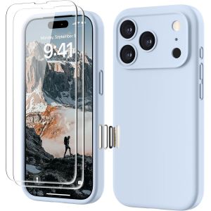 JGD-4 en 1 Coque iPhone 17 Pro Silicone avec Bouton de Contr&ocirc;le Cam&eacute;ra, avec 2 Verre Tremp&eacute;, 360&deg; Protection &Eacute;tui Pr&eacute;cise R&eacute;sistant aux Rayures Antid&eacute;rapant iPhone 17 Pro Case 6.3"", Bleu Ciel - Neuf