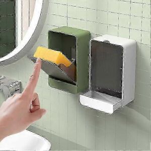 Lot de 2 porte-savons avec couvercle, porte-savon mural, sans perçage, bac de vidange amovible pour évier, douche, salle de bain, cuisine, blanc et vert - Neuf